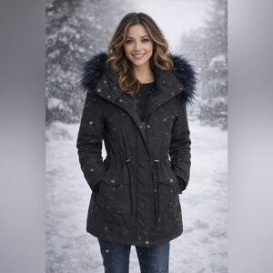 French Connection Soft Black Parka with Navy Faux Fur Trim. Medium